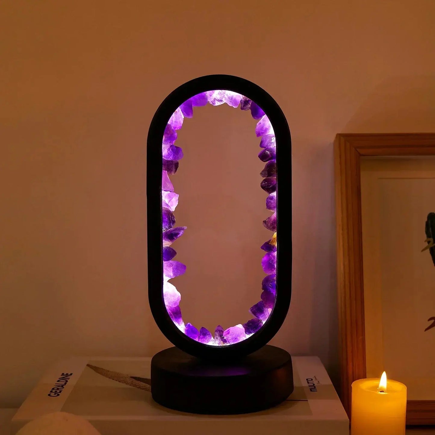 The SerenityStone lamp adding a touch of elegance and tranquility to a modern living room décor setup.
