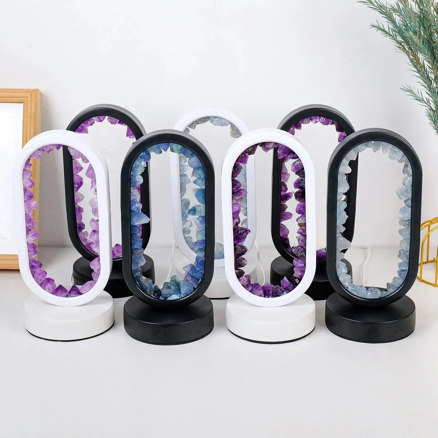 The deep, natural purple color of the amethyst crystal, adding a luxurious touch to the lamp’s appearance.