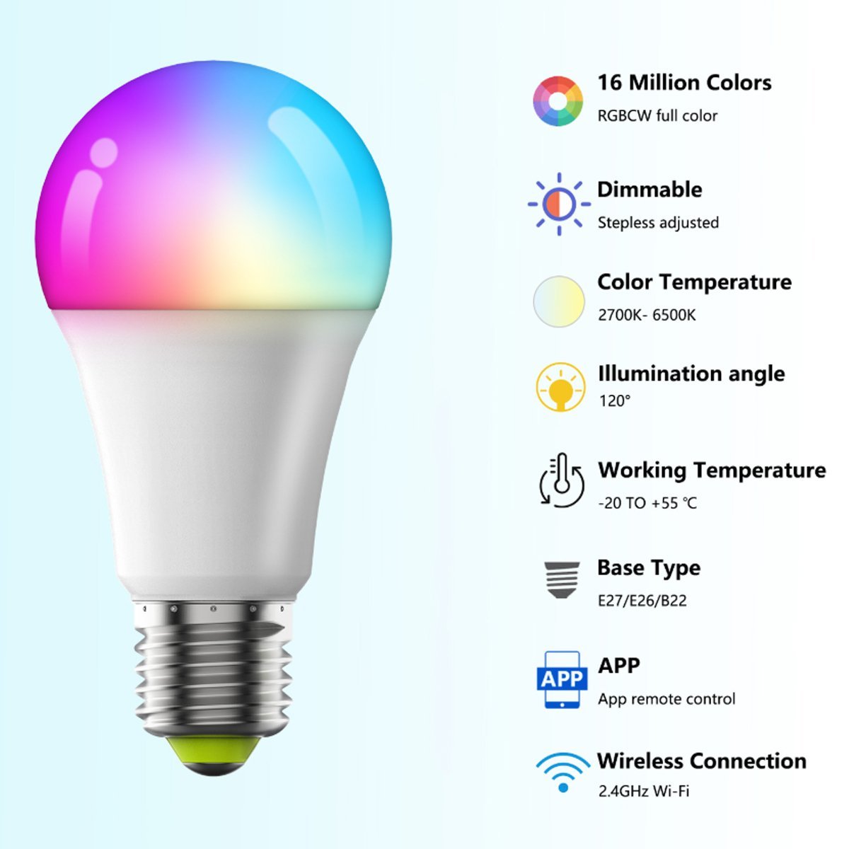 2 Pcs Dimmable WiFi Wireless E26 Smart LED Light Bulbs RGB CCT