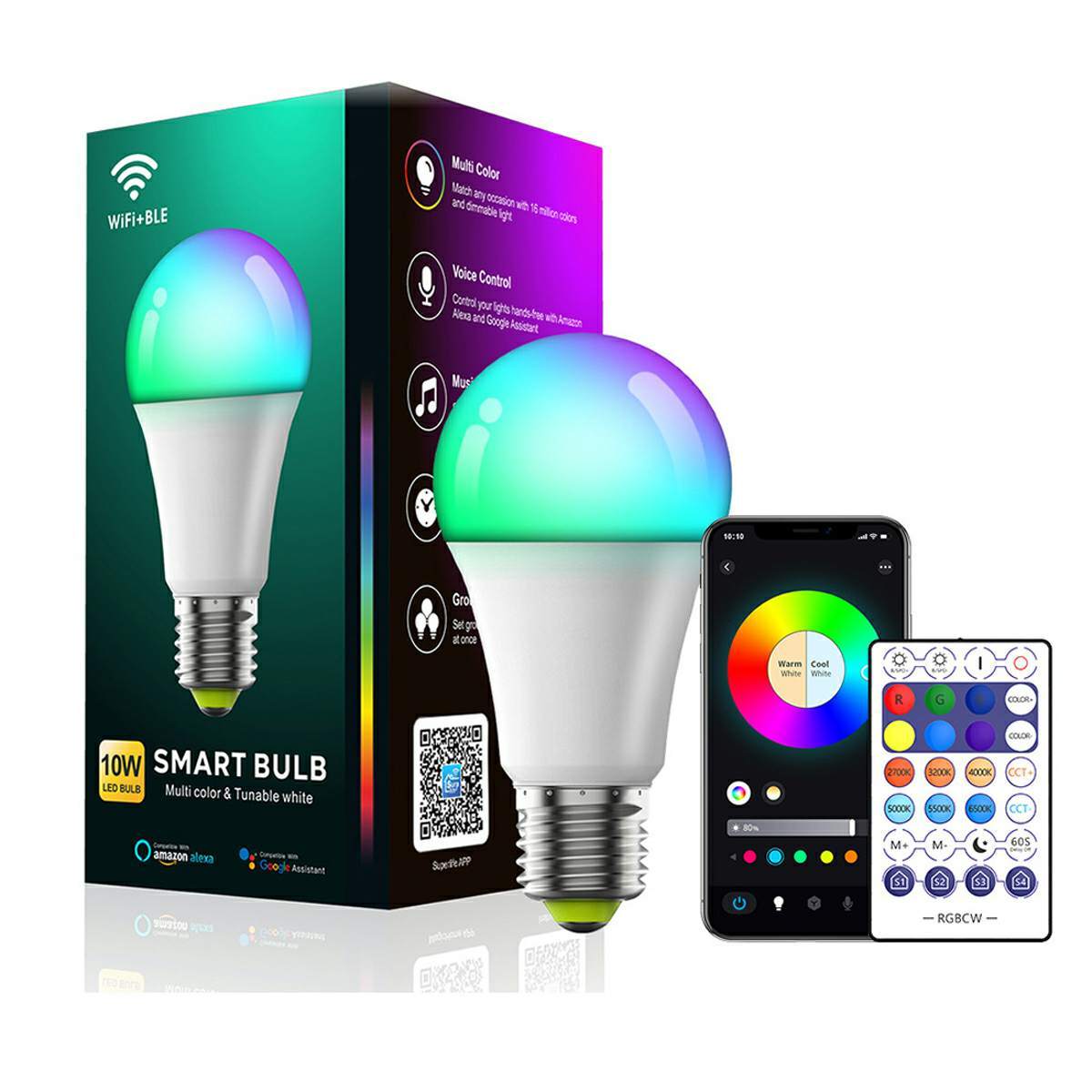 2 Pcs Dimmable WiFi Wireless E26 Smart LED Light Bulbs RGB CCT