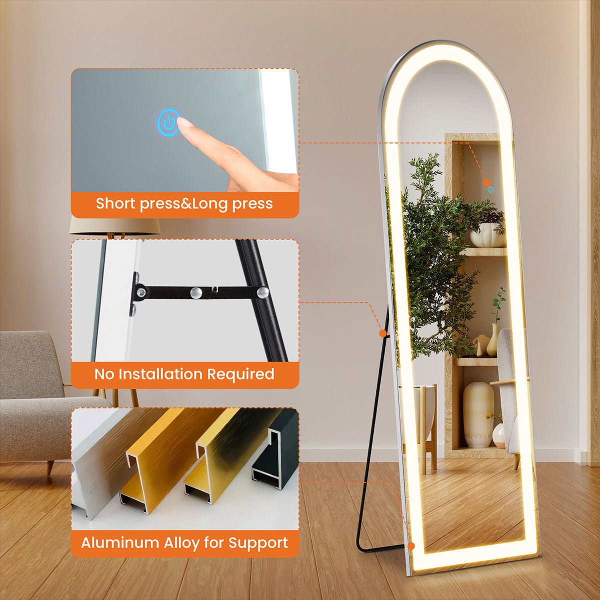 Dimmable LED Lights Full Body Floor Mirror with Stand, Wall Mounted Hanging