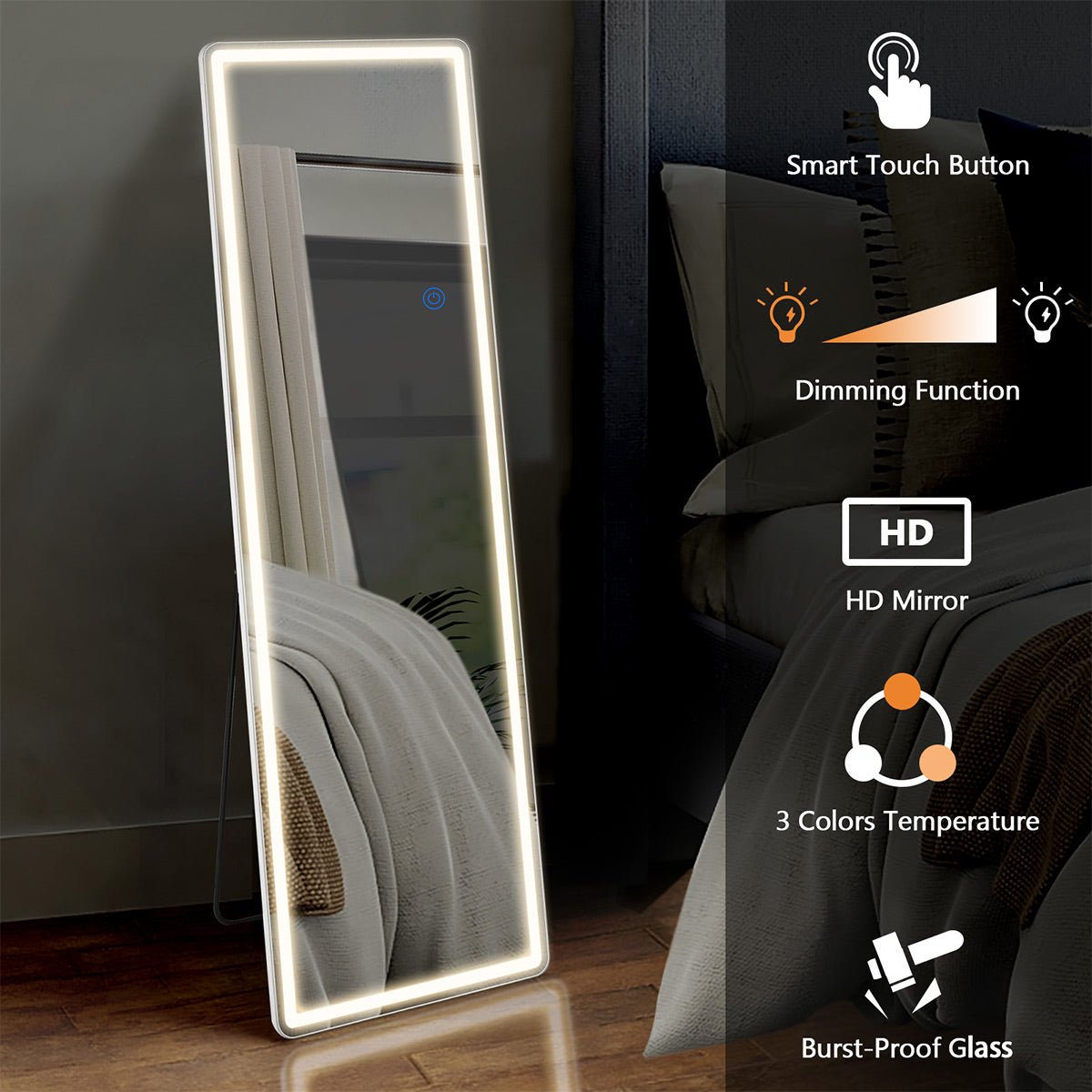 Dimmable LED Lights Full Body Floor Mirror with Stand, Wall Mounted Hanging