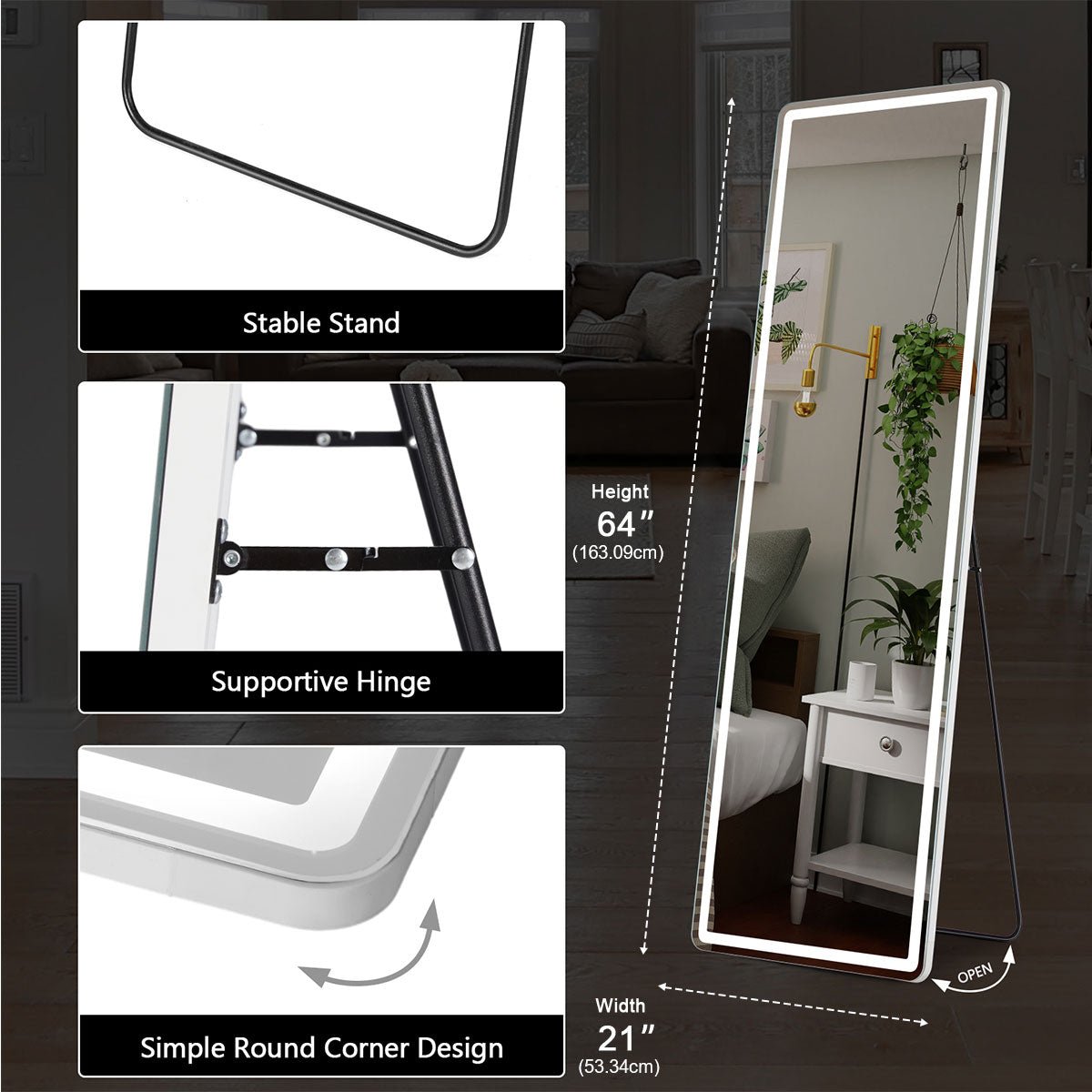 Dimmable LED Lights Full Body Floor Mirror with Stand, Wall Mounted Hanging