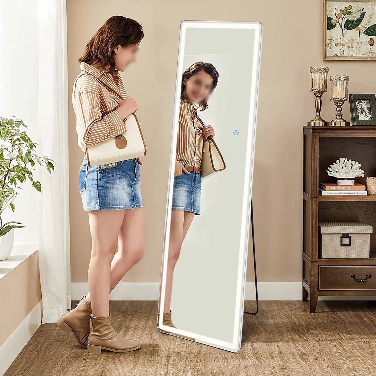 Dimmable LED Lights Full Body Floor Mirror with Stand, Wall Mounted Hanging
