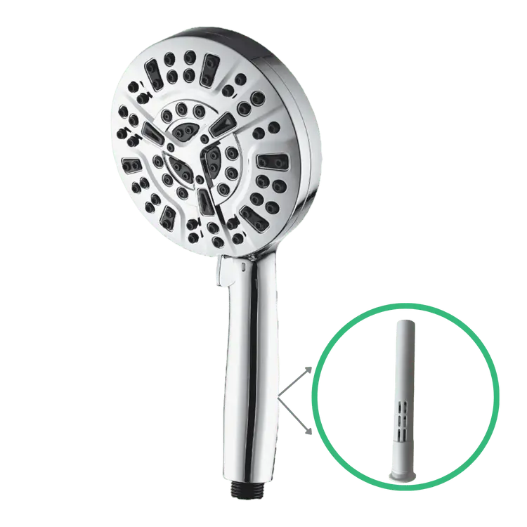 AquaLux shower head with built-in filter and chrome finish for a luxurious shower.