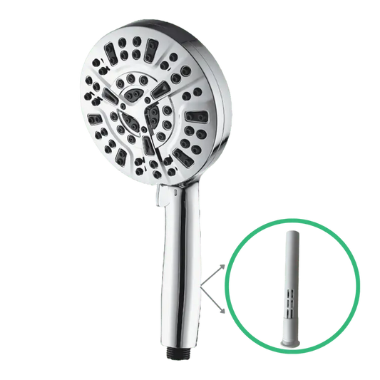 AquaLux shower head with built-in filter and chrome finish for a luxurious shower.
