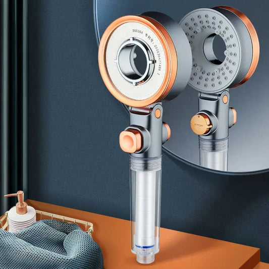 AquaRain dual-sided shower head with rainfall effect and water-saving technology.