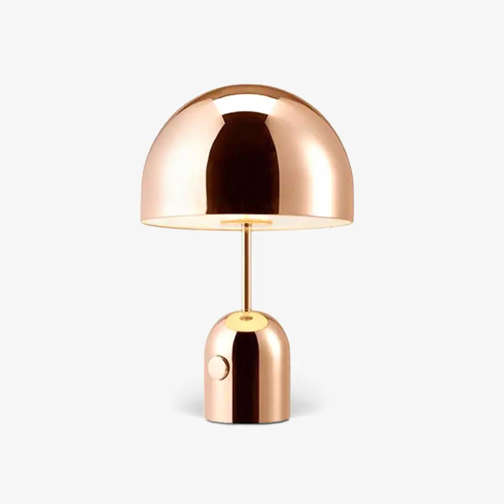 Elegant BellaGlow bell-shaped table lamp in rose gold, adding a touch of sophistication to interior decor.