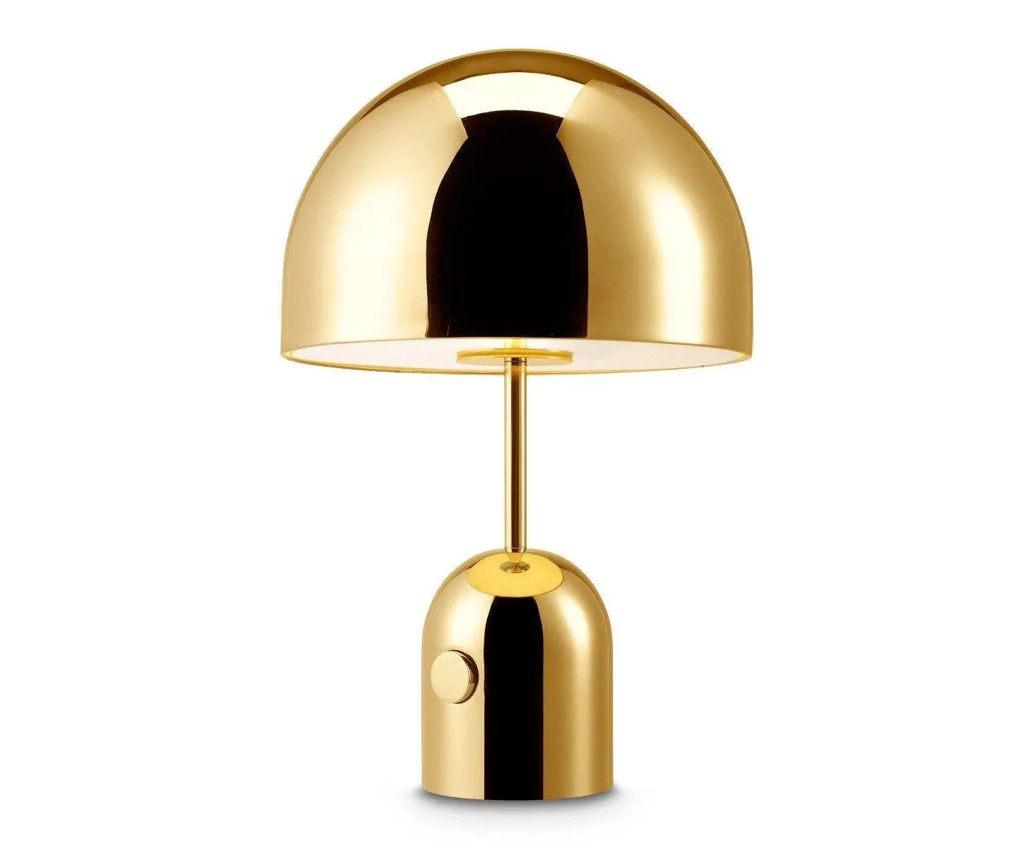 Close-up of BellaGlow table lamp with a bell-shaped gold finish, showcasing its refined metallic details.