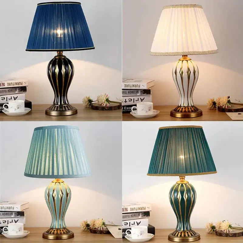 Full view of the CeramiGlow hand-painted blue ceramic desk lamp with an elegant design for living rooms and bedrooms.