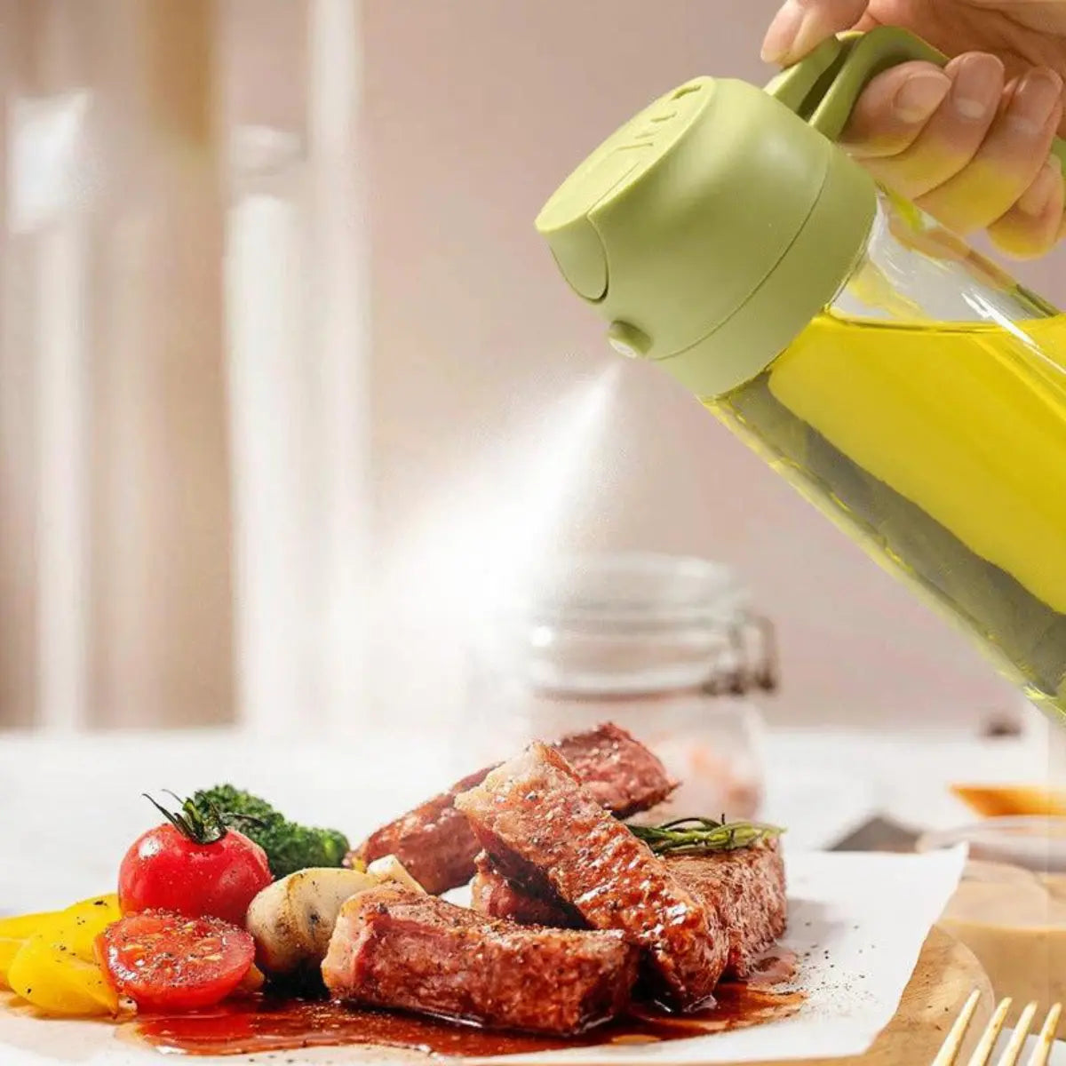 Close-up of CleanPour spray reducing drips and splashes, ideal for oils and sauces.