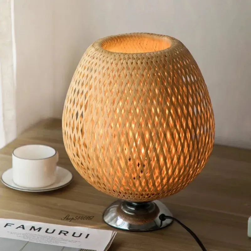 Close-up of the woven bamboo texture on the EcoGlow lamp, highlighting its natural, eco-friendly materials.