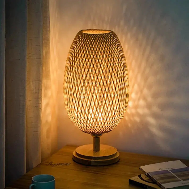 EcoGlow bamboo table lamp used in a meditation space, providing a calm and peaceful lighting atmosphere.