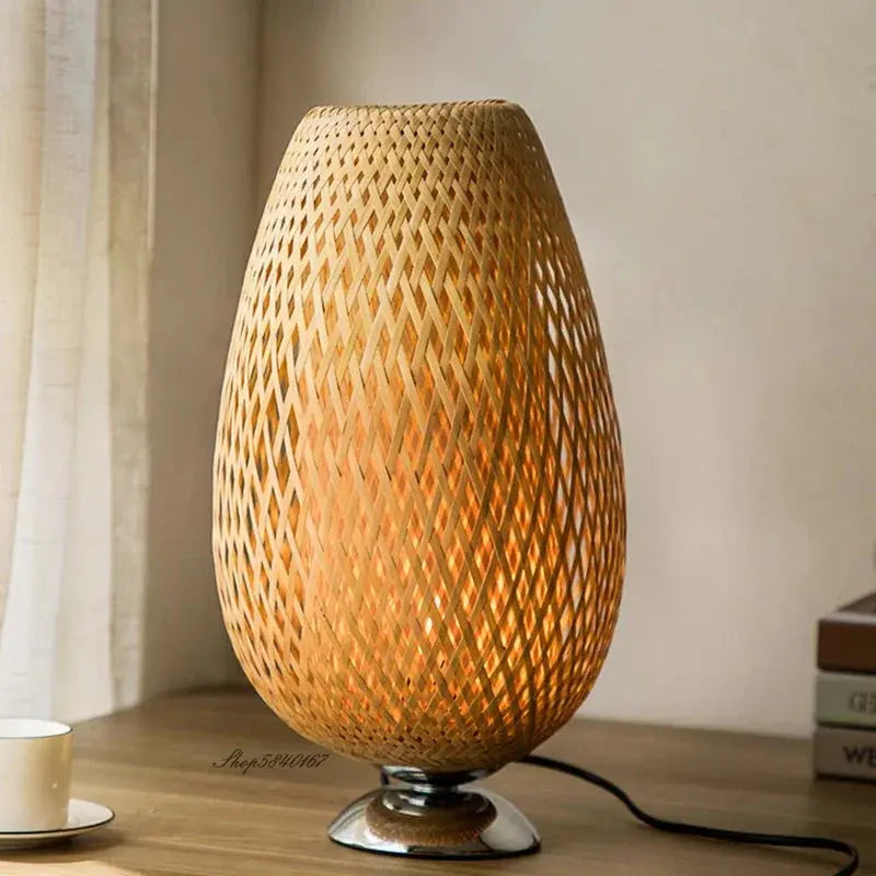 Vintage-inspired bamboo design of the EcoGlow lamp paired with a modern, minimalist base for a timeless look.
