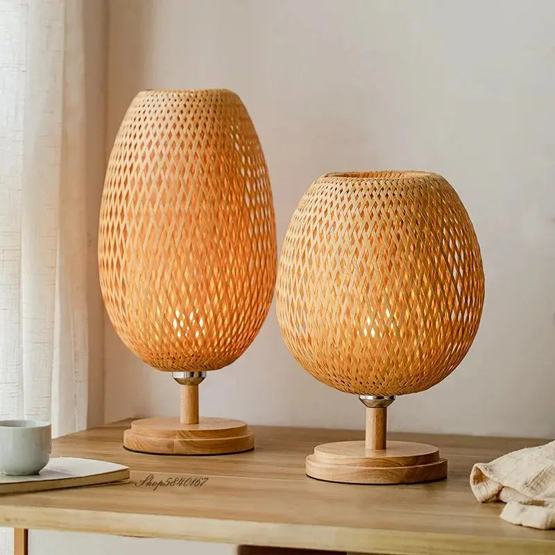 EcoGlow bamboo lamp featuring a sturdy wooden base, blending rustic charm with vintage elegance.