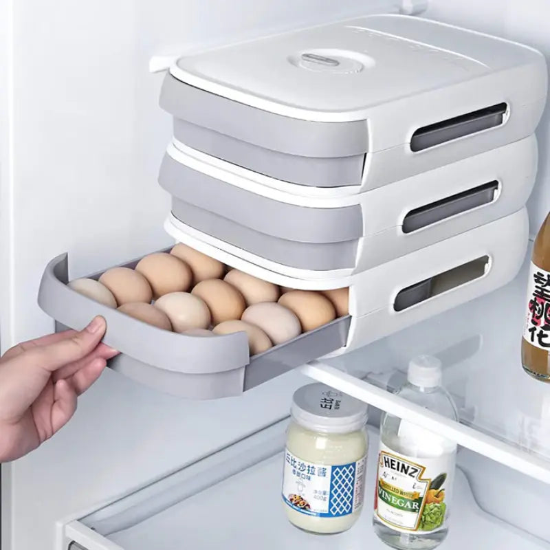 Angled view of the EggGuard Egg Storage Container, designed to store up to 18 eggs for freshness and protection.