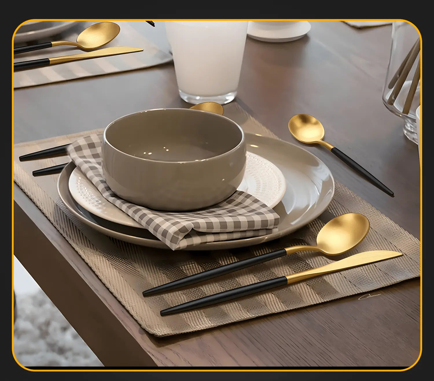 Close-up of the luxurious black and gold finish on the EleganceSet stainless steel cutlery, showcasing the premium design.