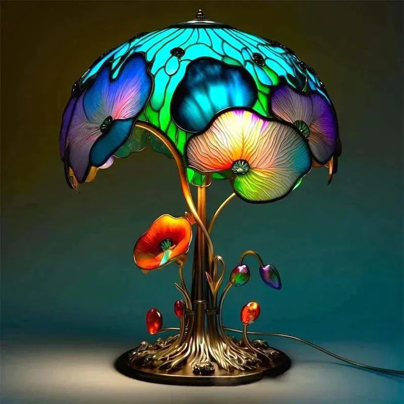 EnchantGlow stained glass lamp placed beside a bed, creating calming ambient lighting.