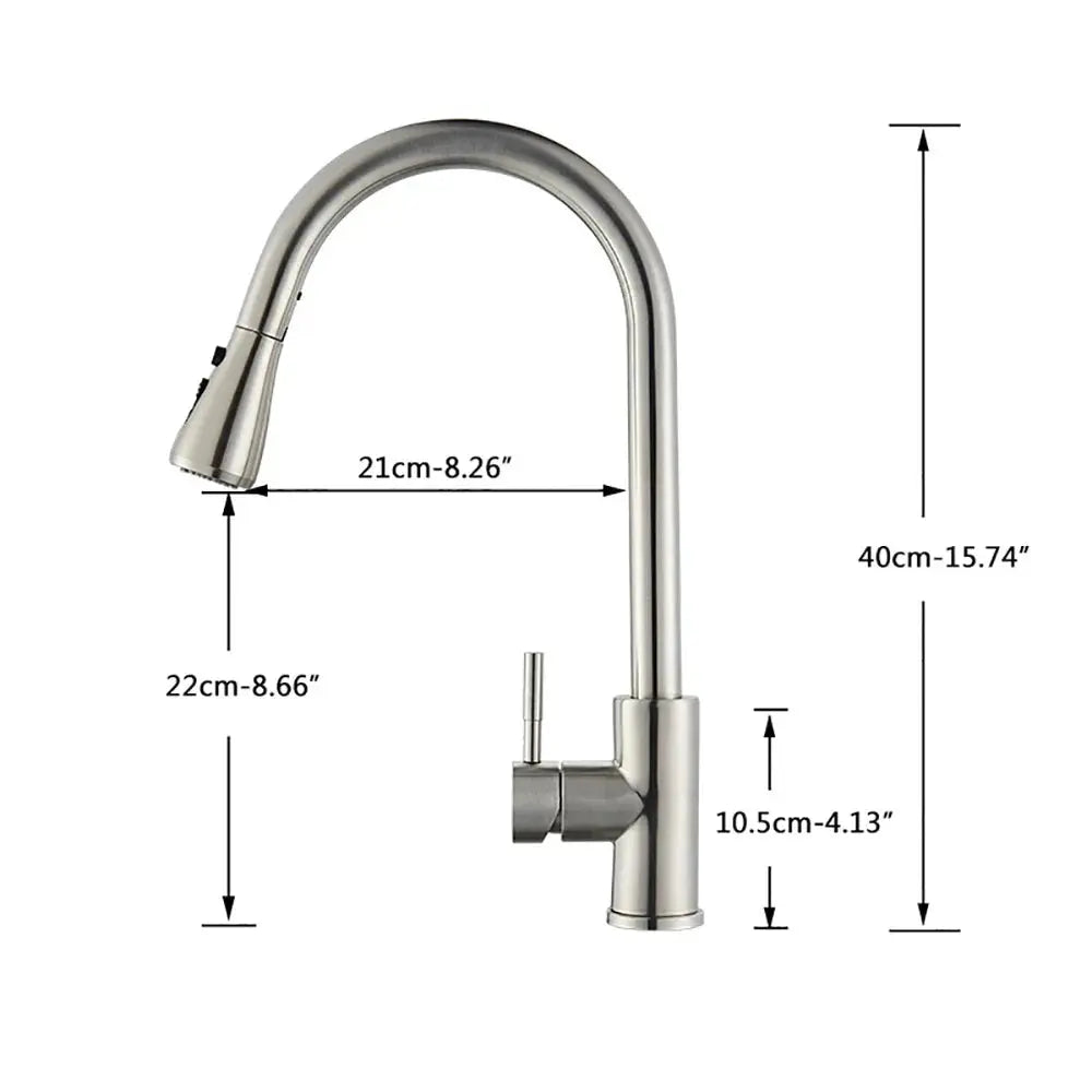 FlowFlex kitchen faucet featuring the dimensions of the product.