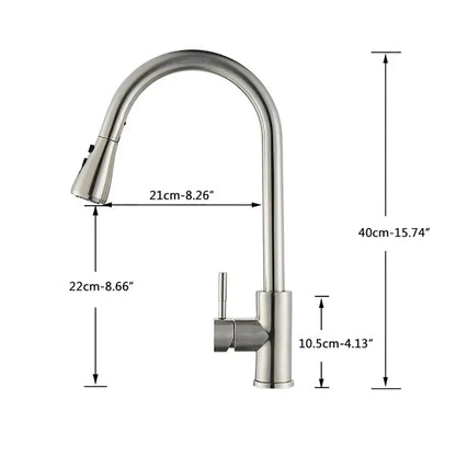 FlowFlex kitchen faucet featuring the dimensions of the product.