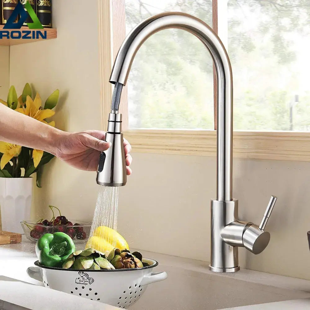 FlowFlex faucet in brushed nickel finish, shown installed in a modern kitchen setting.