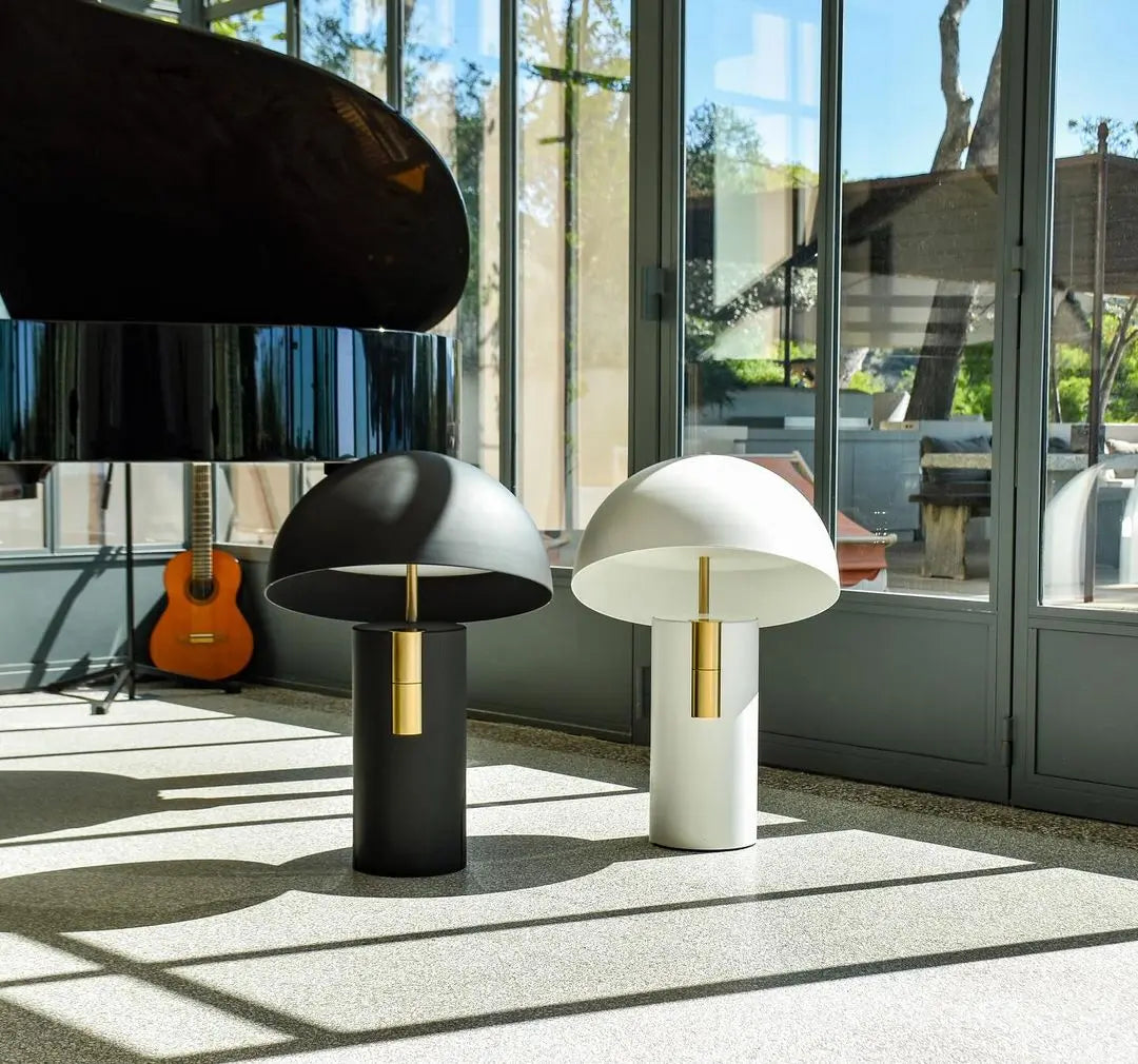 The GlowAura lamp on display during daylight, showing its neutral design appeal.