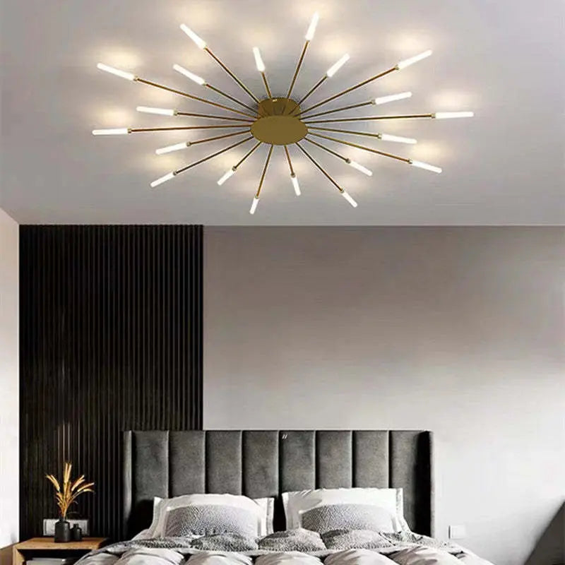 LumiAero LED ceiling light installed in a minimalist bedroom, creating a serene ambiance.