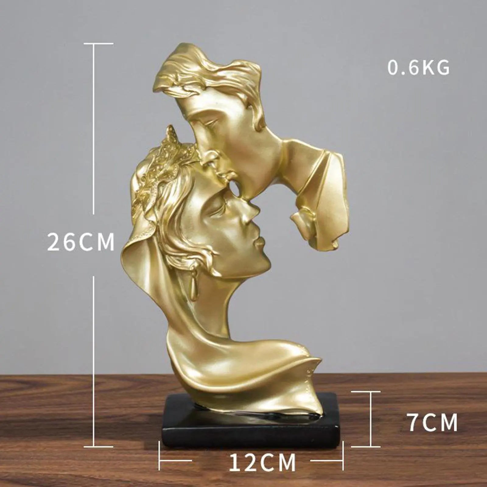 RomanticSoul couple sculpture weighing 0.6kg, standing 26cm tall with a base plate height of 7cm and width of 12cm, showcasing elegant design and sturdy proportions.