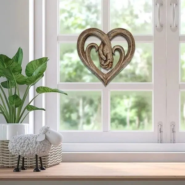 RusticLove wooden sculpture placed by a sunlit window in a cozy living room, blending rustic style with natural light.
