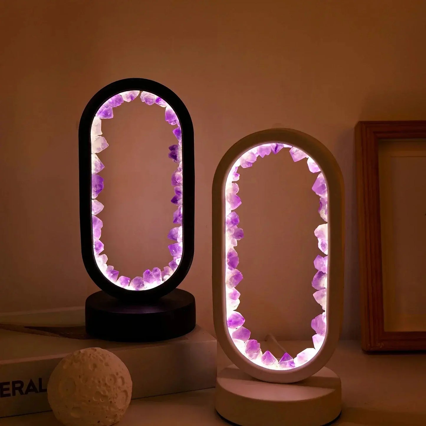 Full view of the SerenityStone natural amethyst lamp, featuring a raw amethyst crystal atop a sleek, sturdy base.