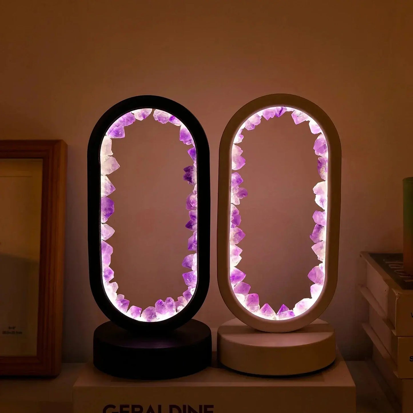 SerenityStone amethyst lamp on a bedside table, providing a serene glow for a relaxing bedroom atmosphere.