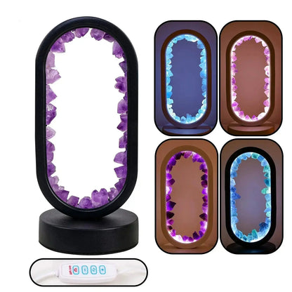 SerenityStone lamp emitting natural crystal energy, believed to reduce stress and promote calmness.