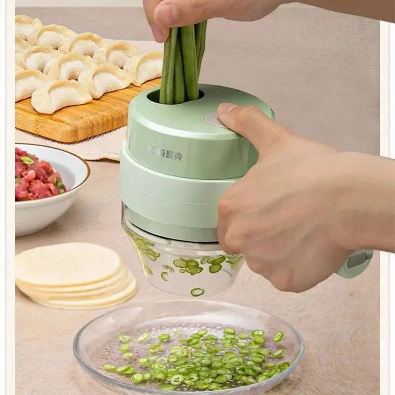 SlicePro Electric Slicer displayed in a kitchen setting, highlighting its compact design.