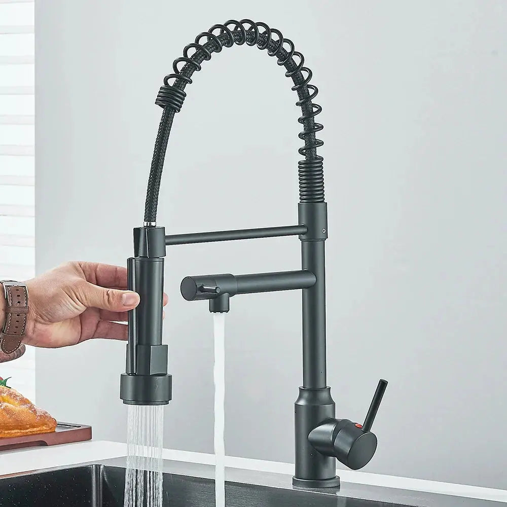 Matte black version of the TwinStream dual-spout faucet, blending style and functionality in a contemporary kitchen setting.