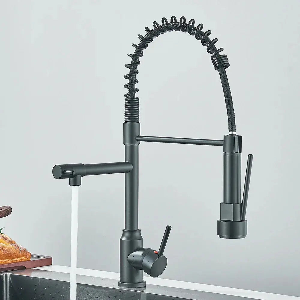 Matte black version of the TwinStream dual-spout faucet, blending style and functionality in a contemporary kitchen setting.