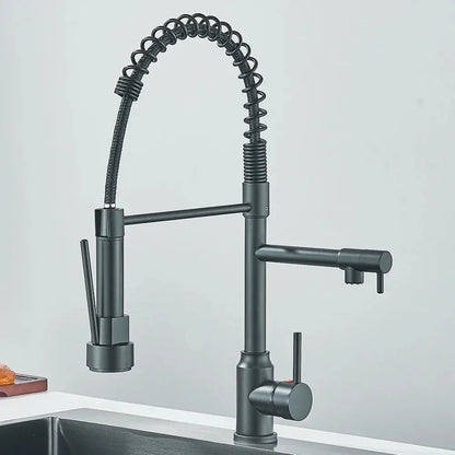 Matte black version of the TwinStream dual-spout faucet, blending style and functionality in a contemporary kitchen setting.