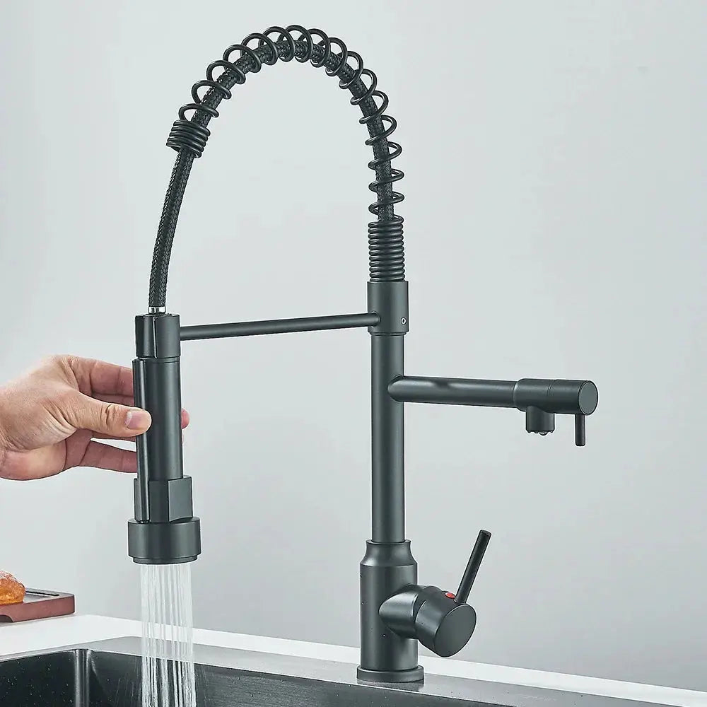 Matte black version of the TwinStream dual-spout faucet, blending style and functionality in a contemporary kitchen setting.