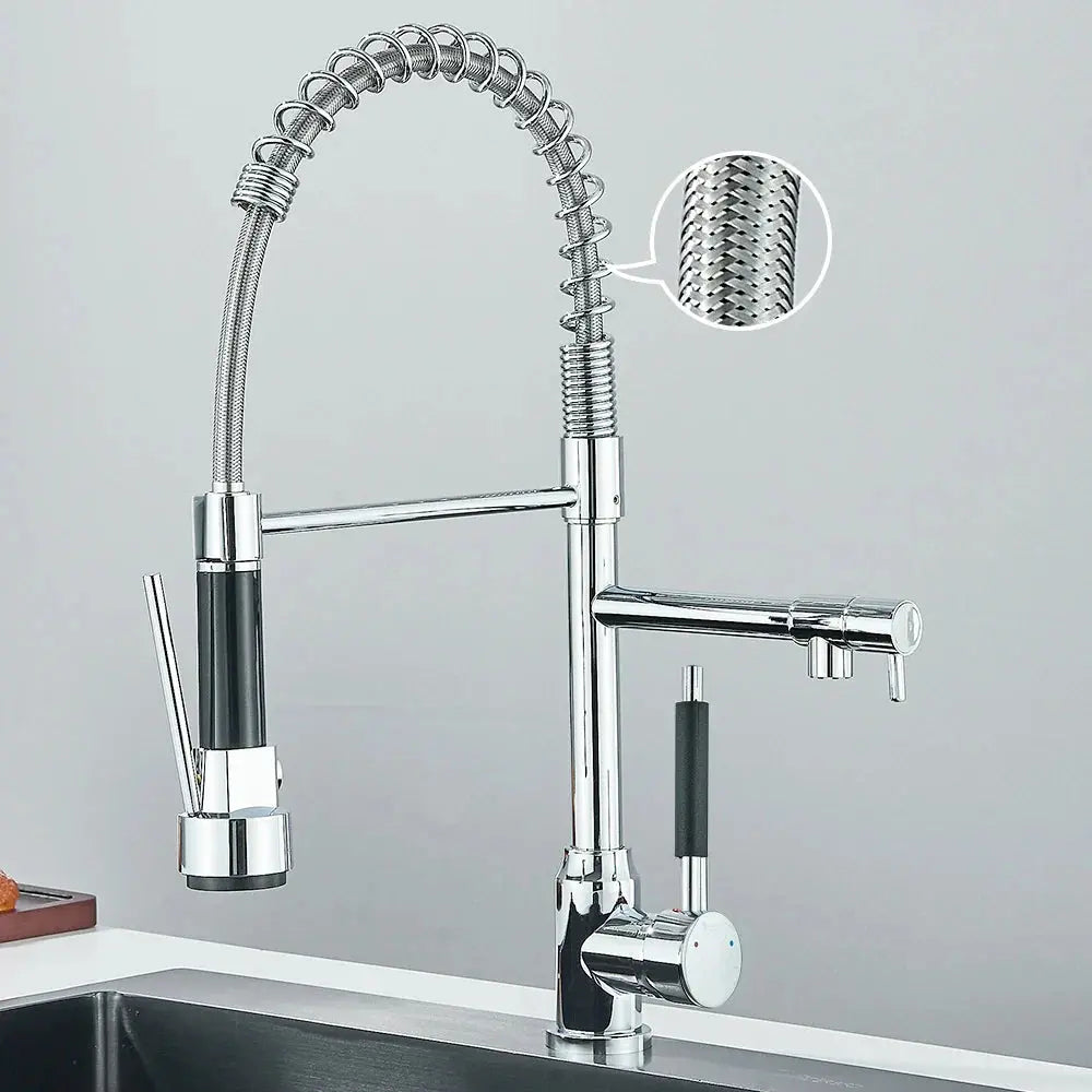 Integrated design of the TwinStream kitchen mixer faucet, blending seamlessly with various kitchen styles and sinks.