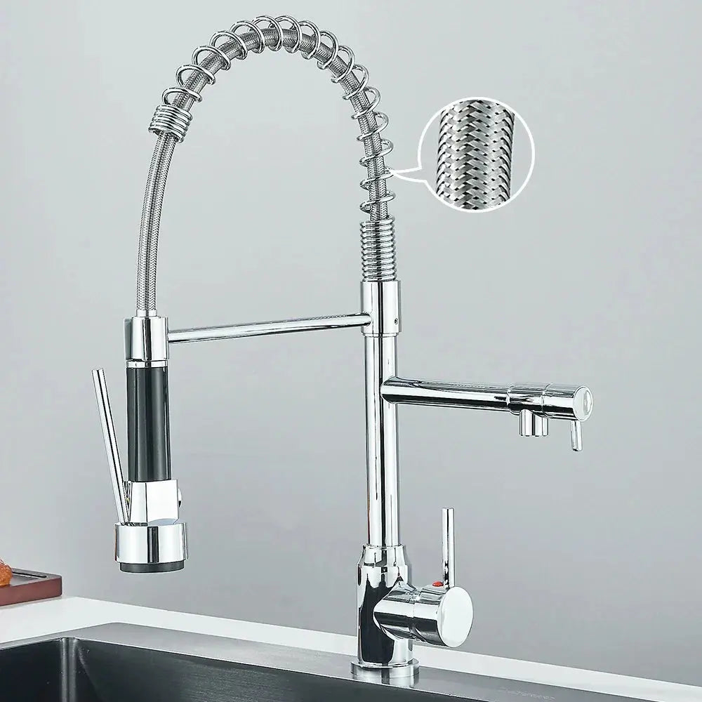 Sleek TwinStream dual-spout kitchen mixer faucet in a shiny chrome finish, shown installed in a modern kitchen sink.