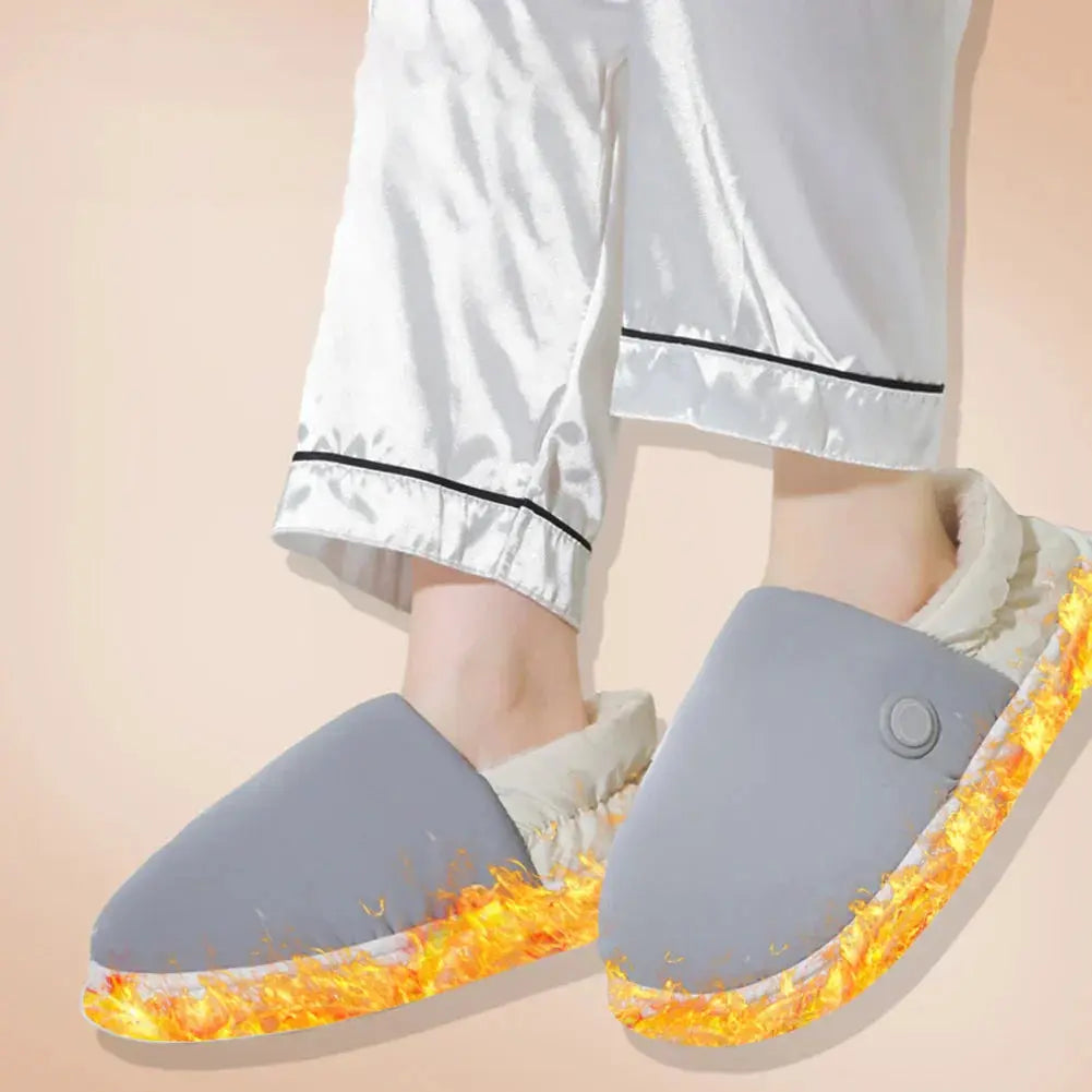 WarmCozy heated slippers in dark gray worn indoors, providing a warm and cozy feel for cold days.