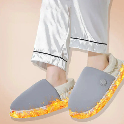 WarmCozy heated slippers in dark gray worn indoors, providing a warm and cozy feel for cold days.