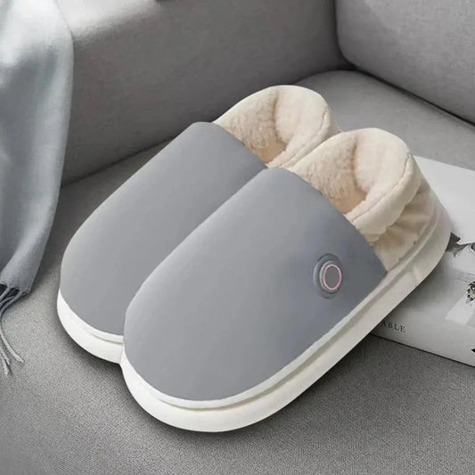 Front view of WarmCozy heated slippers in light gray, showcasing their plush, soft material and cozy design.