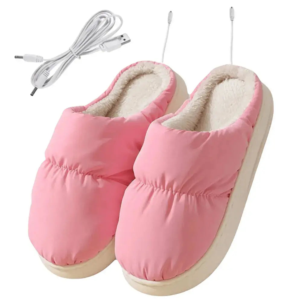 WarmCozy heated slippers with a USB cable for easy charging, offering a convenient warming solution.