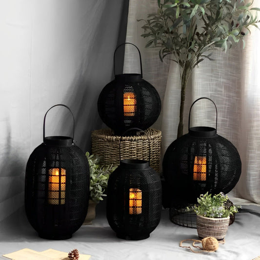 Black Handmade Wood LED Candle Lantern Floor Lamp