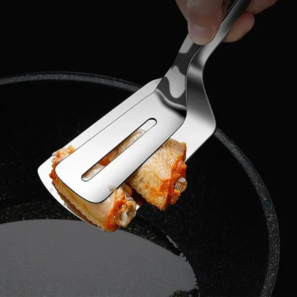 Close-up of FlipMaster spatula's stainless steel handle for comfort grip