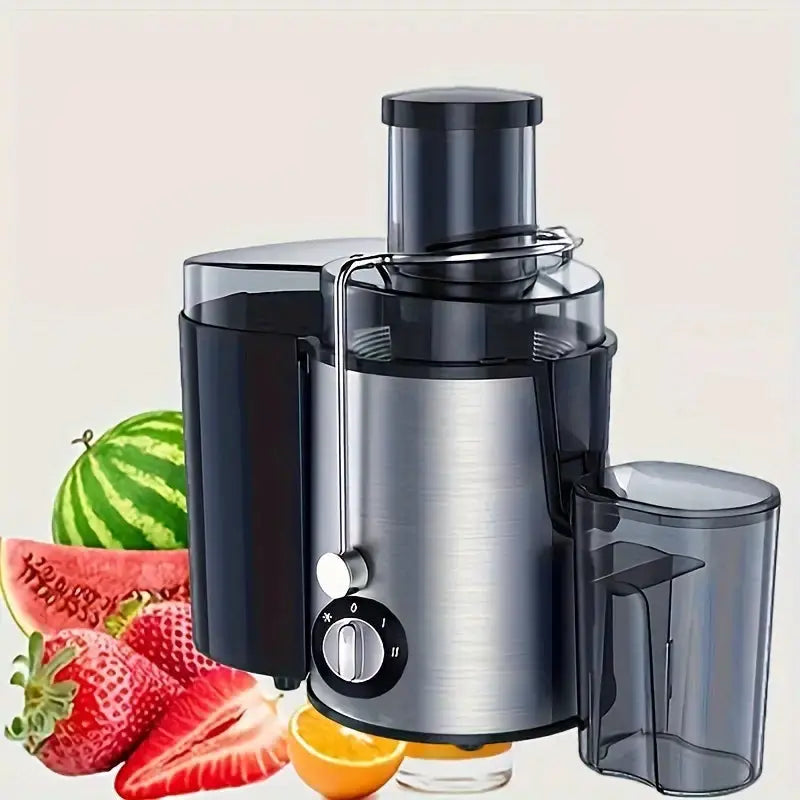 FreshFlow Electric Juicer packaging showing product details and features