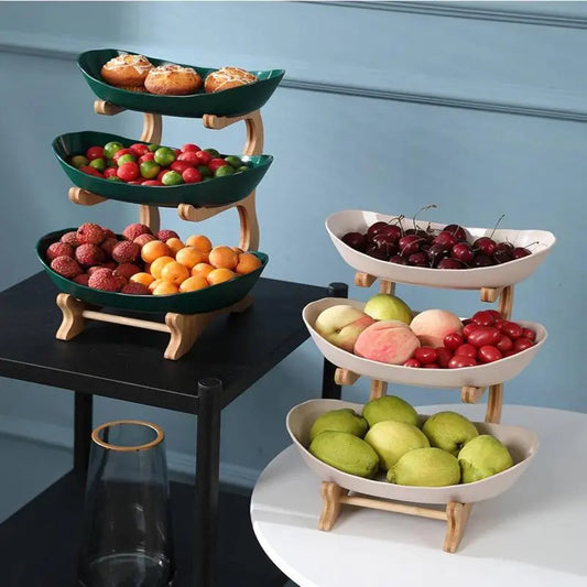 FreshNest stand with an arrangement of pears, grapes, and oranges for kitchen decor