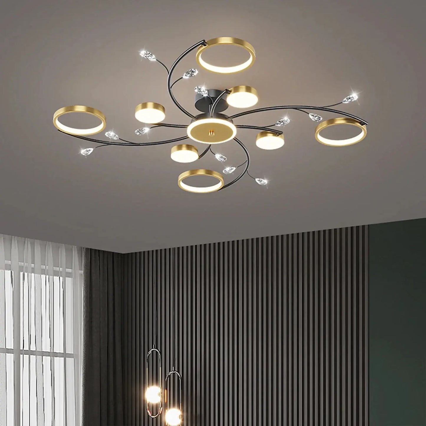 GlowAmbience pendant light illuminating a modern living room with customizable ambiance