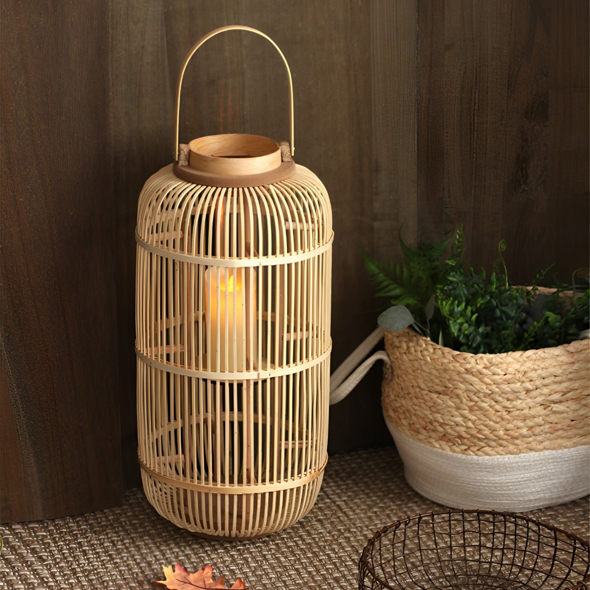 Handmade Bamboo Weaving LED Candle Lantern Floor Lamp