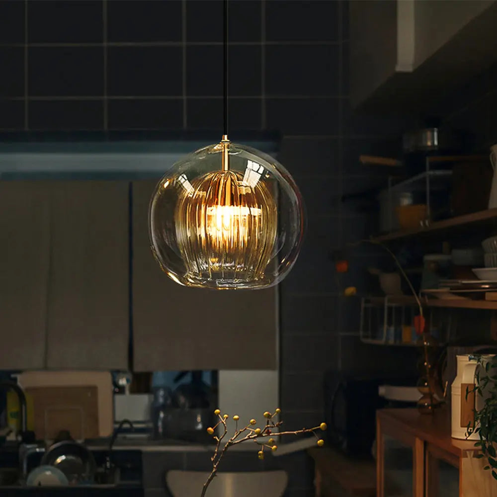 Close-up of amber glass on the LumiaAmber pendant light showing texture and finish